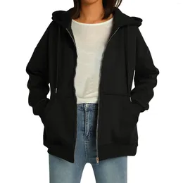 Sweats à capuche pour femmes, manteau de Style ample, couleur unie, fermeture éclair, veste à capuche ouverte sur le devant avec poches, noir/marron/gris
