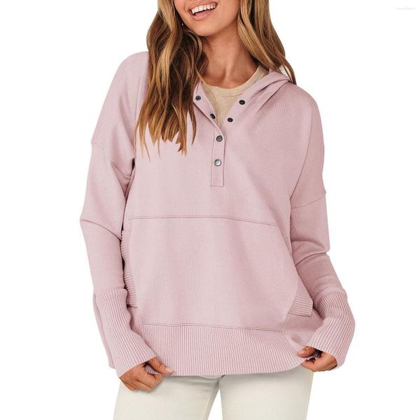 Sweat à capuche surdimensionné pour femme, pull à manches longues, boutons, col en V, décontracté, ample, tunique légère