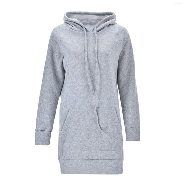 Sweats à capuche femme poches robe sweats hauts tuniques décontracté couleur unie mi-long cordon de serrage col en V manches longues sweat à capuche coupe