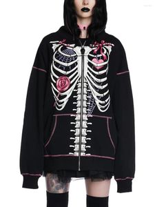 Sudaderas con capucha para mujer, chaquetas Retro Harajuku Hip Hop con estampado de esqueleto/cráneo, manga larga con cremallera, sudadera holgada informal, ropa de Halloween