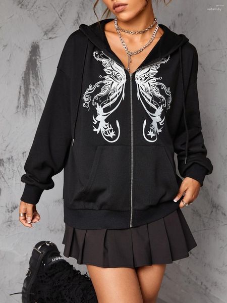 Sweats à capuche pour femmes Goth Dark Fairy Grunge Butterfly Graphic Autumn Mall Gothic Y2k Zip-up Loose Sweatshirts à capuche poche kangourou