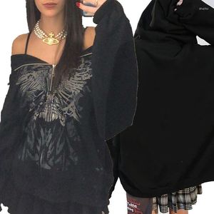 Sweats à capuche pour femmes Sweatshirts Gothic Gothic Punk Butterfly Print Oversize Zip Up Crop Top Y2K Streetwear Hooded Long Sleeve