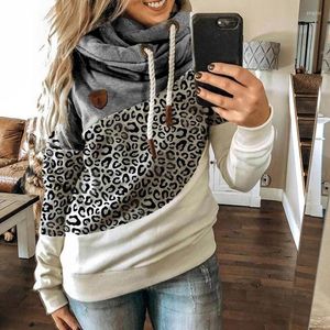 Sudaderas con capucha para mujer Sudaderas con cuello alto Patchwork Mujer Moda casual Manga larga Estampado de leopardo Con capucha Mujer Invierno cálido