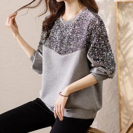 Sweats à capuche pour femmes Femmes Pull épissé à paillettes Chemises Pulls perlés Col rond Patchwork Sweat-shirts Automne Hiver Pulls Hauts à manches longues