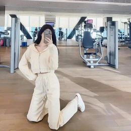 Sweat à capuche pour femmes, ensemble de jogging décontracté, Beige, mode, Style coréen, haut court ample, tenue deux pièces, pantalon à cordon de serrage