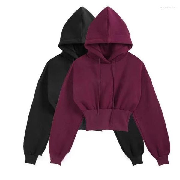 Sudaderas con capucha para mujer Sudadera corta con capucha de manga larga gruesa para mujer Casual deportes pulóver chica Streetwear Otoño Invierno negro vino tinto