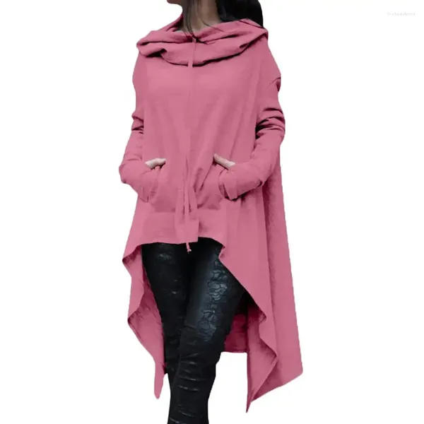 Sudaderas con capucha para mujer, Poncho de manga larga con cordón de Color sólido, sudaderas de algodón con capucha irregulares, vestido de gran tamaño