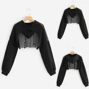 Sudaderas con capucha para mujer, sudadera con capucha recortada con inserción de malla recortada, Top corto de manga larga