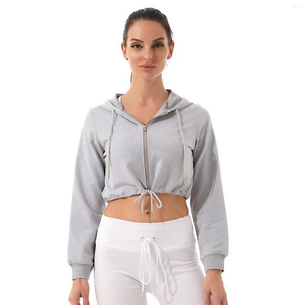 Sudaderas con capucha para mujer Ropa deportiva para mujer Sudadera corta para correr informal Tops Chaqueta Sudadera con capucha Sudaderas Cremallera frontal Cordón Entrenamiento Gimnasio