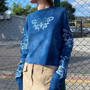 Sweats à capuche pour femmes Femmes Sweatshirts Tie Dyed Deep Blue Papillon Imprimer Lâche Col Rond Manches Longues Casual Top Automne Basique Polyvalent Y2k