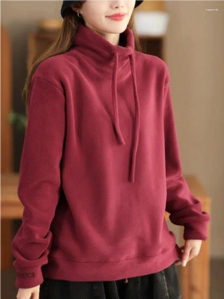 Sudaderas con capucha para mujer, suéteres gruesos y cálidos de invierno Retro con cuello alto y cordón, jerséis que combinan con todo, Tops informales 2024