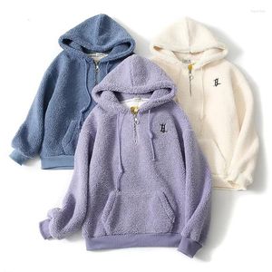 Dames Hoodies Dames Winter Sweatshirts Met Capuchon Geborduurd Lam Vevelt Fleece Koreaanse Versie Halve Rits Letter Dikke Jas Rits Los