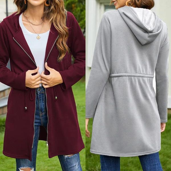 Sweats à capuche pour femmes Femmes Zipper Sweat à capuche 2024 Printemps Automne Hiver Casual Mode Soild Manches longues Lady Zip-up Cardigan Veste Tissus chauds