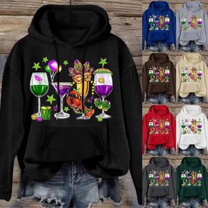 Dameshoodies Grafisch damessweatshirt met lange mouwen, wijnglasprint en capuchon, dames kerstsweaters