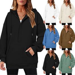 Sweats à capuche pour femmes Femmes Grand Sweat à capuche de base Sweat-shirt de couleur unie Pull à manches longues Col à glissière avec sport décontracté Sudadera Mujer