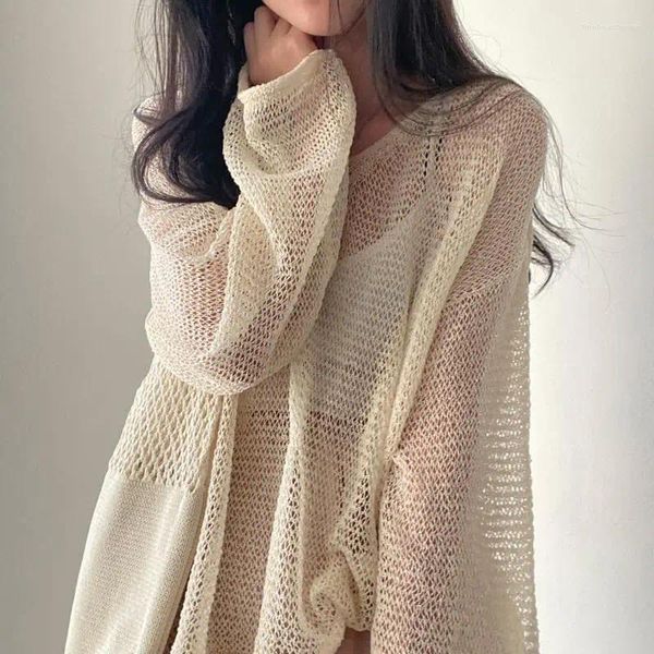 Sudaderas con capucha para mujer Tops sexys de gran tamaño con hombros descubiertos Manga larga Ahueca hacia fuera Suéter de punto Estilo fino Mujeres Playa Malla Camisetas elegantes