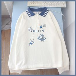 Sweats à capuche pour femmes Sweat-shirts coréens à manches longues col rabattu Kawaii imprimé collège rétro lâche sweat-shirt décontracté automne pull