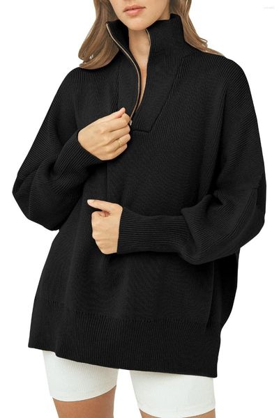 Sudaderas con capucha para mujer Suéter tipo túnica para mujer Otoño Manga larga Jersey con cremallera de 1/4 Suéteres Sudadera de punto acanalado holgada de gran tamaño con abertura