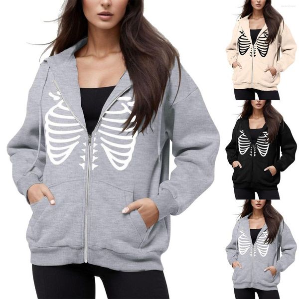 Sweat-shirt à capuche pour femmes, tunique zippée, motif squelette, veste d'automne pour filles, vestes surdimensionnées pour femmes, pull