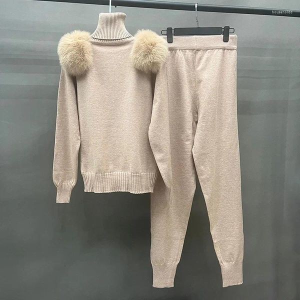 Ensemble manteau et pantalon en laine pour femmes, sweat-shirt à capuche avec col en vraie fourrure de renard, Streetwear tricoté, pull de jogging, printemps-automne, S5988