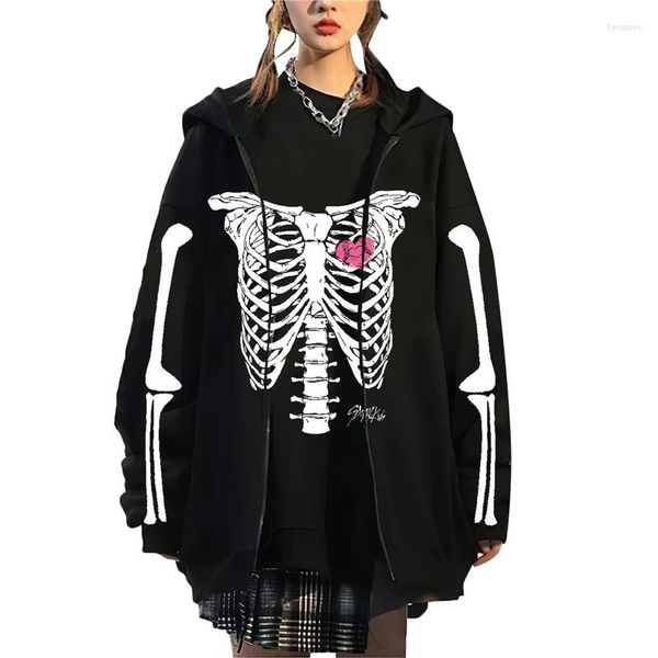 Sweats à capuche pour femmes Xingqing Vintage Goth Sweat-shirt des années 2000 Femmes Squelette Imprimer Hauts à manches longues avec poches Punk Dark Cyber Vêtements Y2K Sweat à capuche