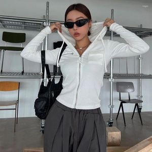 Sweats à capuche pour femmes Xingqing Sweat-shirt blanc Y2K Esthétique Femmes Zip Up Hauts à manches longues avec poches Sweat à capuche de couleur unie Vêtements Grunge