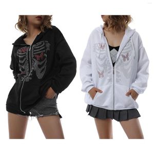 Dames hoodies y2k vlinder skelet diamanten capuchon jas vintage zwart wit oversized sweatshirt e-girl harajuku gothic hiphop