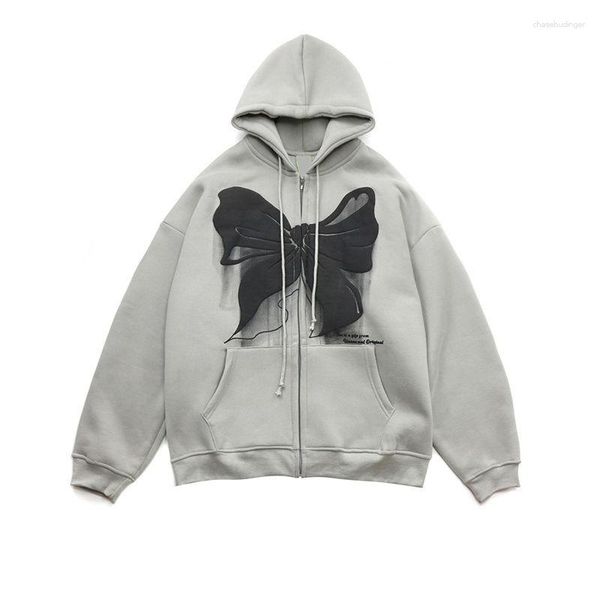 Sweats à capuche pour femmes Y2K Fashion Oversized Butterfly Rosette Graphic Bow-Knot Zip Up E-girl 90s Streetwear Bow Grey Long Jacket Autumn