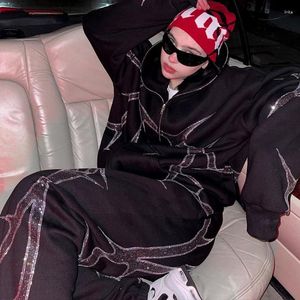 Sweats à capuche pour femmes Y2k strass Full Zip Up Sweats surdimensionnés 2023 Automne High Street Goth Punk Grunge Cardigan Vintage Couple Jacket