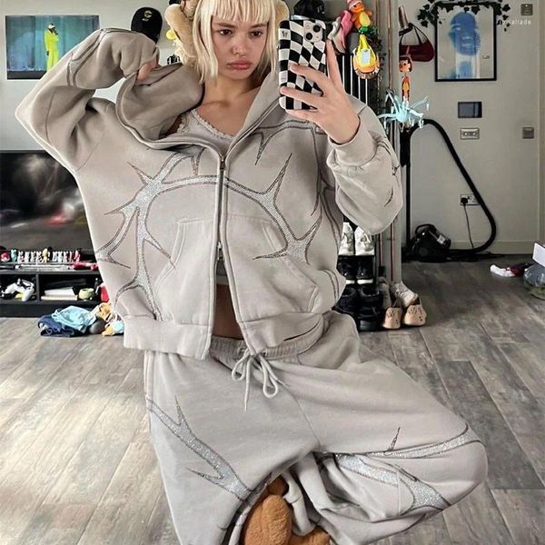 Sweats à capuche pour femmes Y2K RHINATONE Gothique Femmes Gray Zip up Surdimension Sweats Sweats Retro Retro Harajuku Hip Hop Hooded Veste