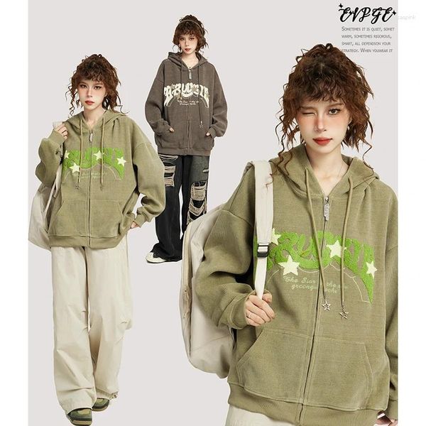 Sweats à capuche pour femmes Y2K Star zip up en velours côtelé Femmes Harajuku Lettre hip hop cardigan swetshirts surdimension