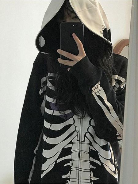 Sweats à capuche pour femmes Y2K Vintage Grunge Hoodie Squelette Imprimer Hip Hop E-girl Gothique Punk Manteaux Tops Mode Zip Sweats Surdimensionnés