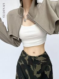 Dames Hoodies Yedinas Amerikaanse Retro Crop Top Rits Vrouwen Lange Mouw 2023 Herfst Winter Koreaanse Mode Sweatshirts Losse Dames Tops