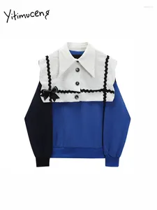 Sweats à capuche pour femmes Yitimuceng Sweat-shirts de couleur contrastée 2023 Mode Style Preppy Sweat-shirt à manches longues Col marin ample Boutonné