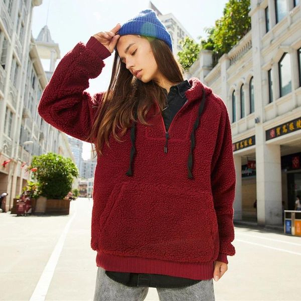 Sudaderas con capucha de mujer Ymwmhu vino rojo cálido polar sólido grueso invierno señoras sudaderas con capucha suelta Casual ropa de gran tamaño