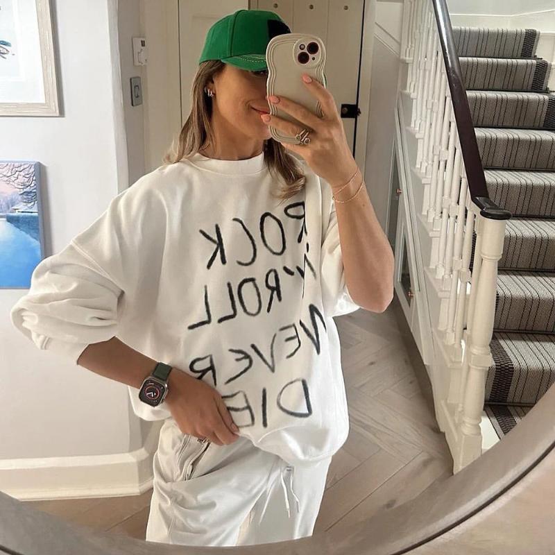 Women's Hoodies ZESSAM Letter Graphic Print Women Sweatshirt White O-Neck Long Sleeve Female Pullover Vintage Casual Lady Top 2024