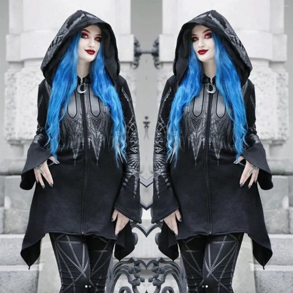 Sweats à capuche pour femmes Zip Up Sweat à capuche Punk Gothic Vêtements Femmes Sweat-shirt long avec fermeture éclair Y2K Veste Noir Déguisement Halloween Costume Plus Taille