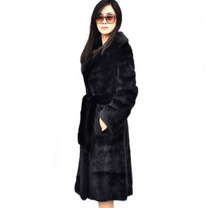 Manteau de vison Long en fausse fourrure pour femmes, costume complet avec ceinture, coupe cintrée, grande taille, 510151