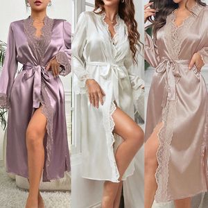 Sexy lange pyjama's van imitatiezijde voor dames, badjassen, effen kant en huiskleding met meerdere kleuren