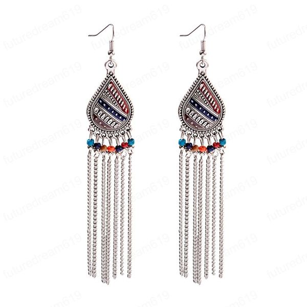 Boucles d'oreilles indiennes à longue chaîne pour femmes, bijoux tibétains, style bohémien, perles goutte d'eau, Jhumka, Oorbellen