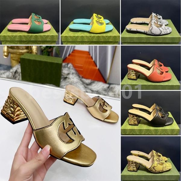 Zapatillas G entrelazadas para mujer, sandalias deslizantes recortadas, sandalias gruesas con tacón de 5 cm, plataforma de goma, alfabeto, tacones de bloque medio para mujer, zapatillas de cuero brillante, talla 35-44 L3