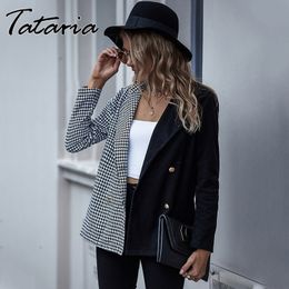 Damenjacke Blazer Mode Farbblock Spleißen Langarm Plaid V-Ausschnitt Anzug Mantel OL Berufskleidung 210514