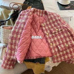 Veste femme mélange manteau sur mesure coréen tempérament d'hiver veste à carreaux rose femmes manteaux matelassés coton Jaquetas Chic mode 231114