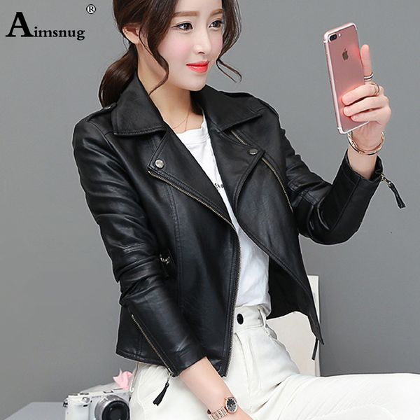 Veste femme mignon Faux cuir Pu filles noir rose printemps survêtement poches fermeture éclair bureau dame manteau mince motard s 230324