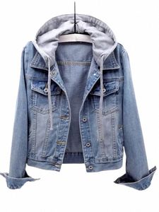 Damesjas Denim jas Nieuw in Koreaans Fi Slanke Veelzijdige Lg-mouw Top Korte spijkerjas met capuchon Winter Dameskleding 17yz #