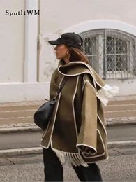 Chaqueta de mujer Abrigos cálidos de moda con bufanda Elegante bolsillo de manga larga Chaquetas de un solo pecho 2023 Otoño Invierno Señora Ropa informal suelta 231109