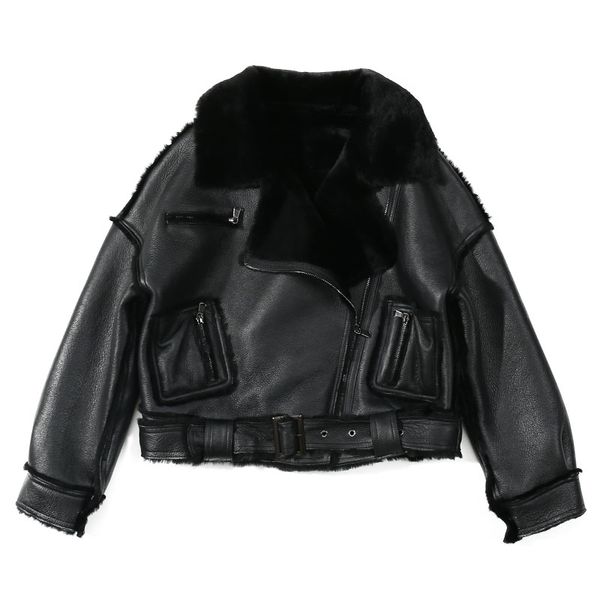 Veste femme en cuir peau de mouton noir MotoBiker Zip Fly Col Revers Décolleté Hiver Épais Veste Courte Femme 210201