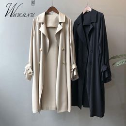 Casual ongevoerde dunne trenchcoat van dunne trench jas Koreaanse mode dubbele borsten zwarte kaki overjas 2023 lente losse gabardina mujer 230418