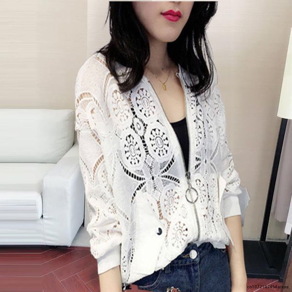 Découpe de la veste des femmes Top en dentelle Cropped Cardigan Coat Loose Long Sleeve Sun Shirt Printemps Été Designer Korean Fashion Thin Jacket 230325