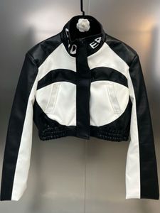 Moto Biker -ritsbrief van damesjack's Zipperletter Black -en witte PU Outerwear s For Women 2023 Loose Short Leather 230324